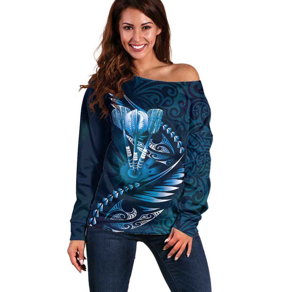 Personalised All Blue New Zealand Darts Off Shoulder Sweater Aoteroa Fern Maori Galaxy Style