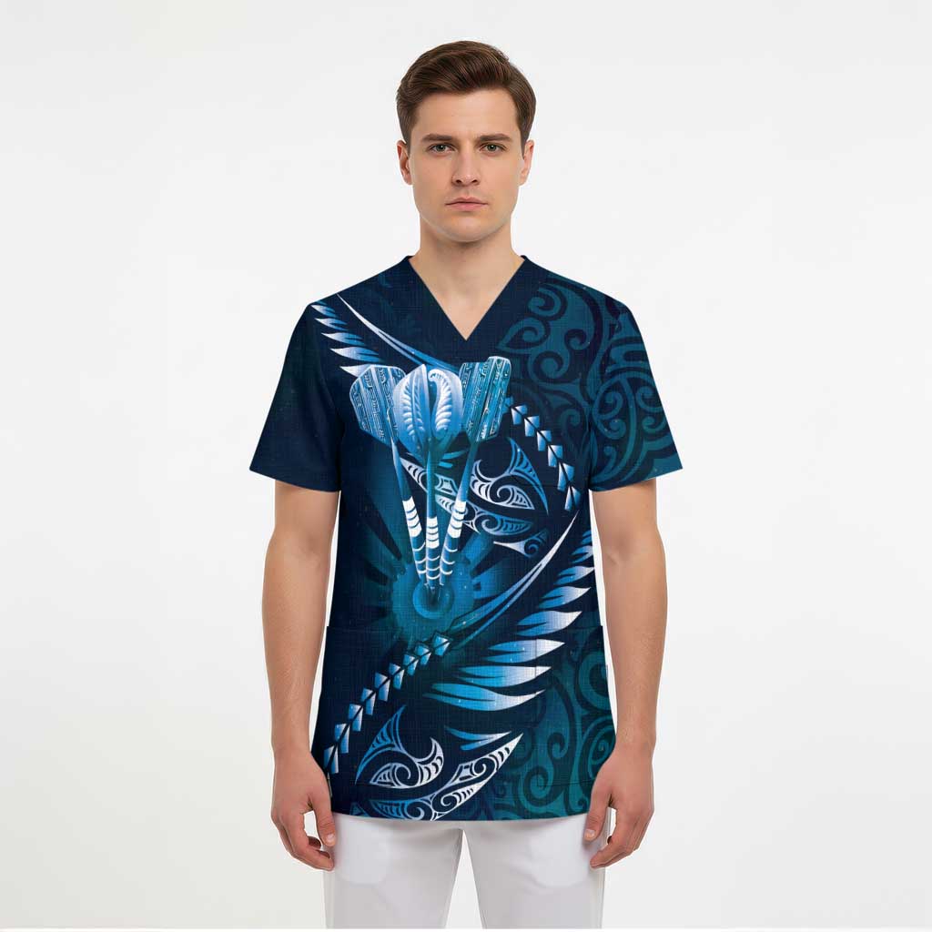 Personalised All Blue New Zealand Darts Scrub Top Aoteroa Fern Maori Galaxy Style - Polynesian Pride