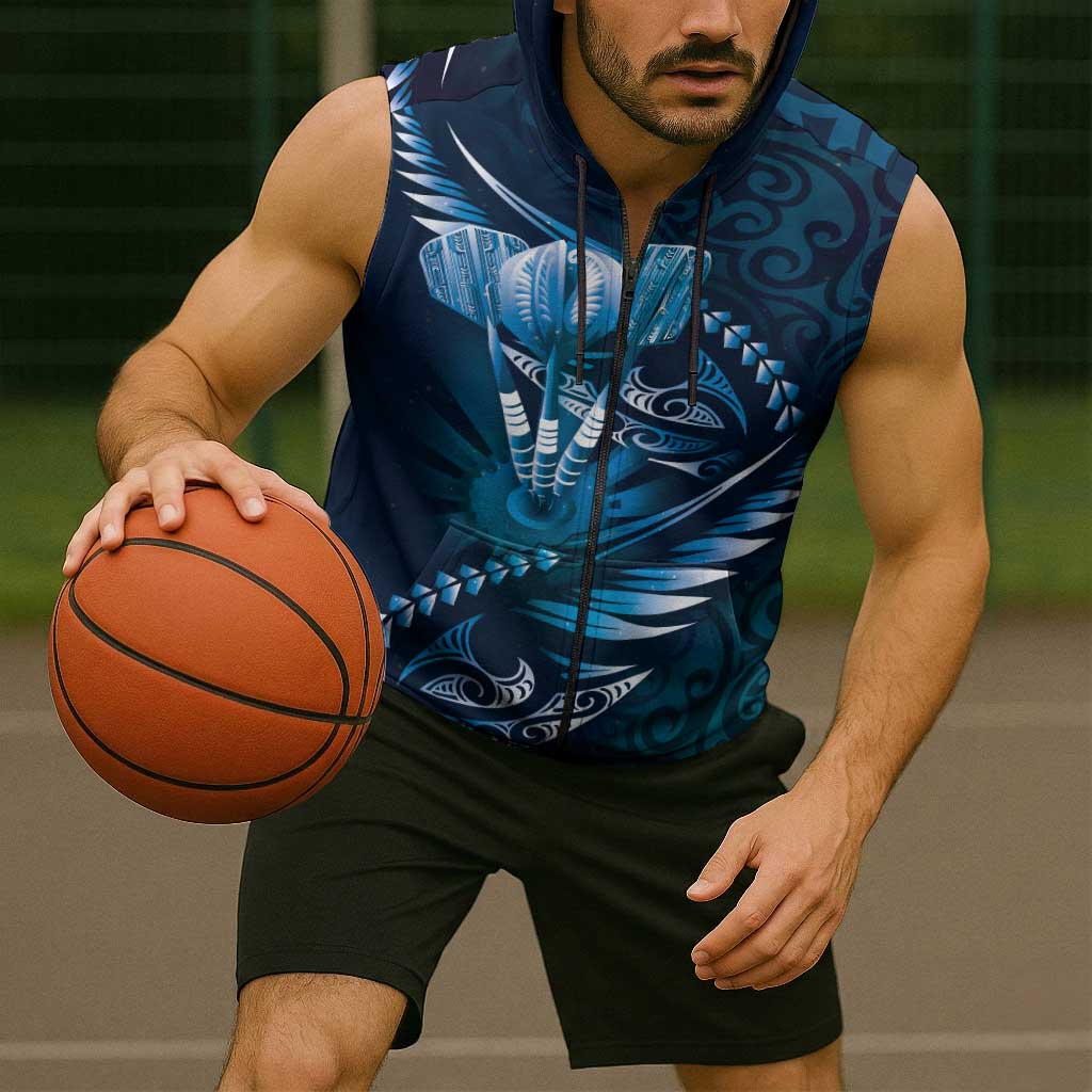 Personalised All Blue New Zealand Darts Sleeveless Zip Hoodie Aoteroa Fern Maori Galaxy Style LT14 - Polynesian Pride