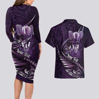 Personalised All Purple New Zealand Darts Couples Matching Long Sleeve Bodycon Dress and Hawaiian Shirt Aoteroa Fern Maori Galaxy Style