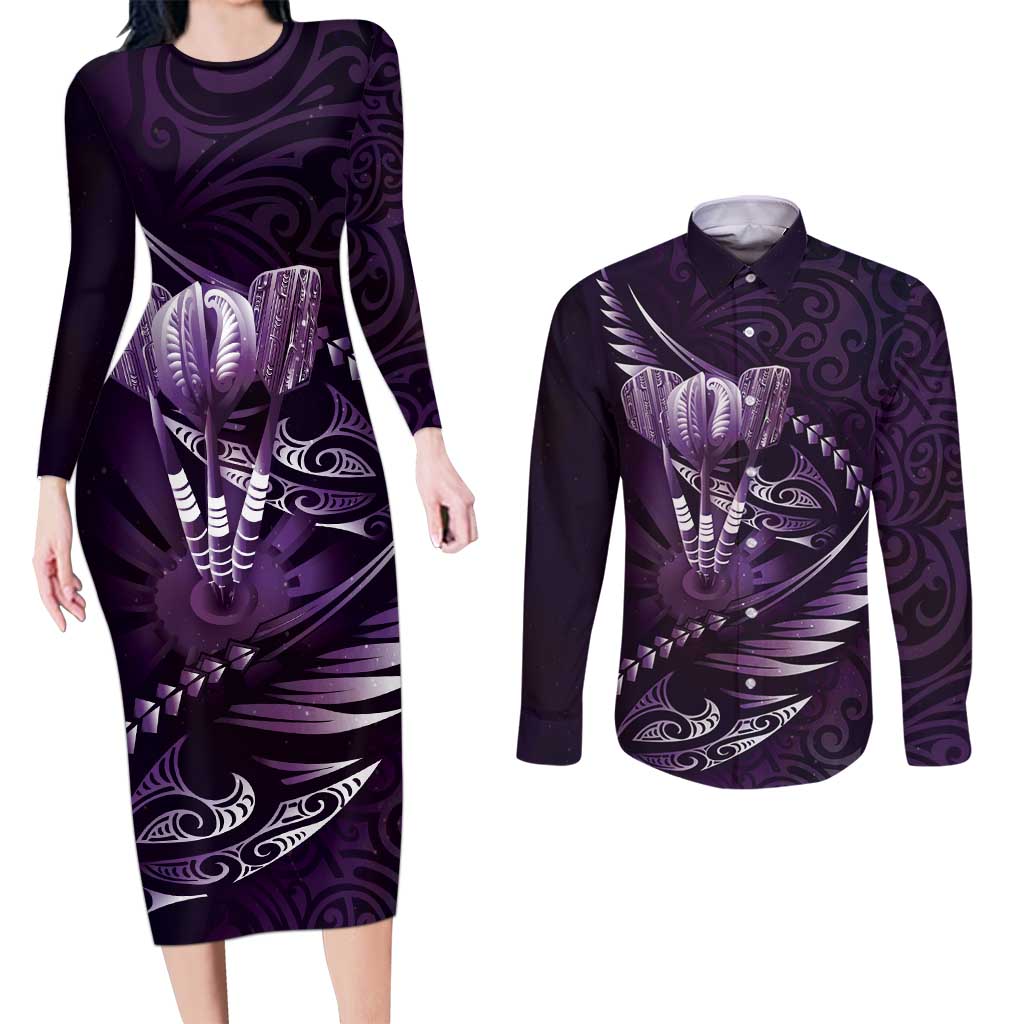 Personalised All Purple New Zealand Darts Couples Matching Long Sleeve Bodycon Dress and Long Sleeve Button Shirt Aoteroa Fern Maori Galaxy Style