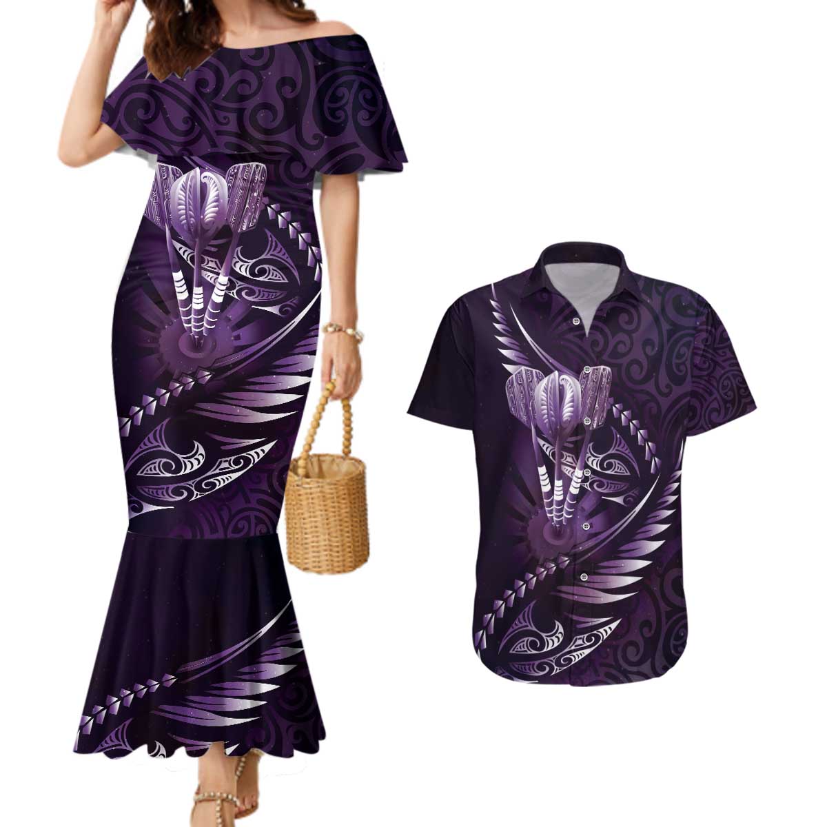 Personalised All Purple New Zealand Darts Couples Matching Mermaid Dress and Hawaiian Shirt Aoteroa Fern Maori Galaxy Style