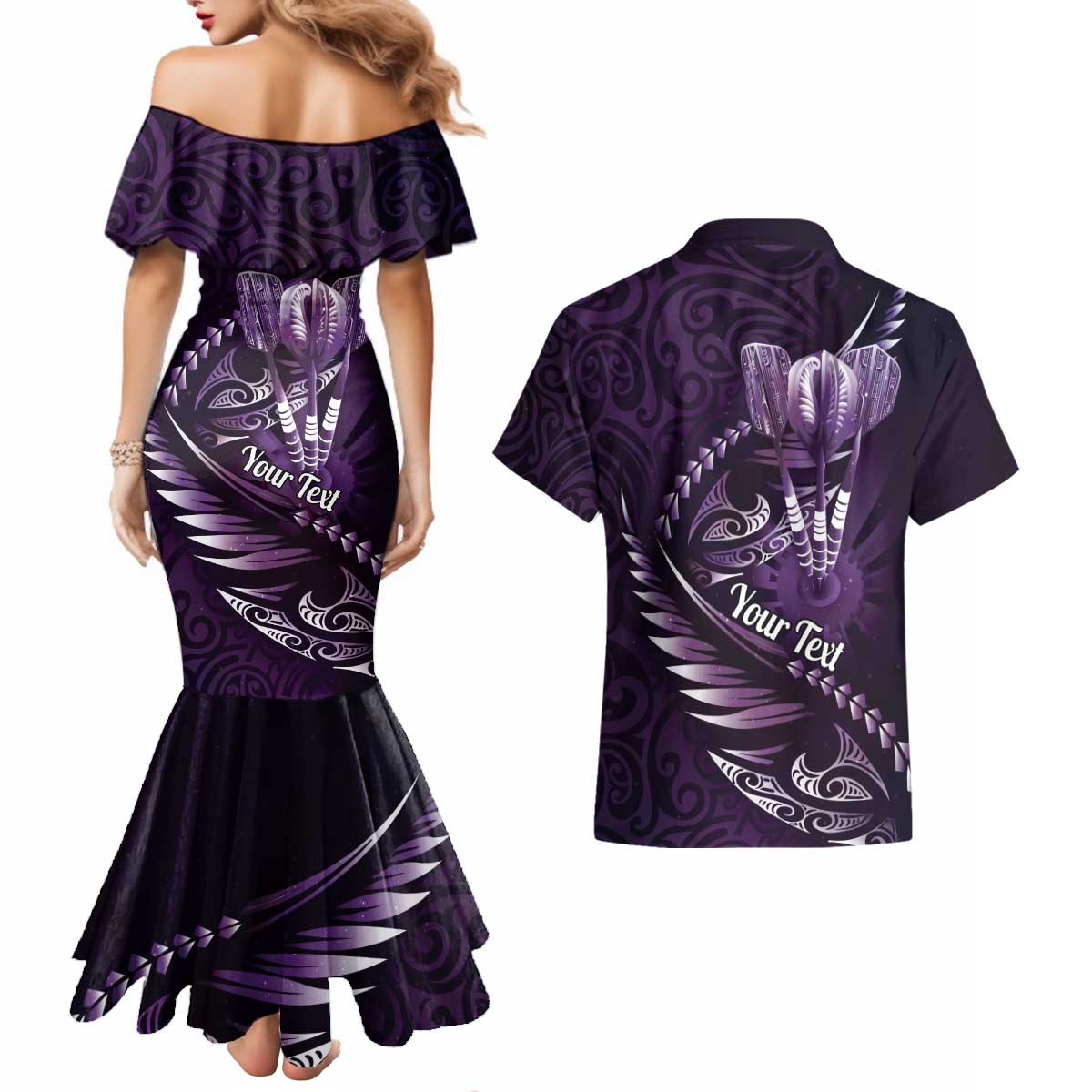 Personalised All Purple New Zealand Darts Couples Matching Mermaid Dress and Hawaiian Shirt Aoteroa Fern Maori Galaxy Style