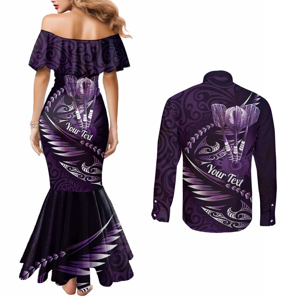 Personalised All Purple New Zealand Darts Couples Matching Mermaid Dress and Long Sleeve Button Shirt Aoteroa Fern Maori Galaxy Style