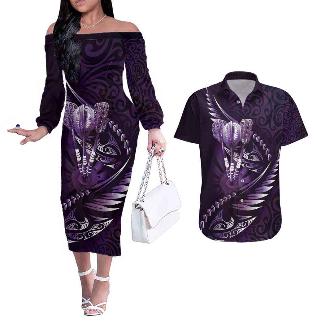 Personalised All Purple New Zealand Darts Couples Matching Off The Shoulder Long Sleeve Dress and Hawaiian Shirt Aoteroa Fern Maori Galaxy Style