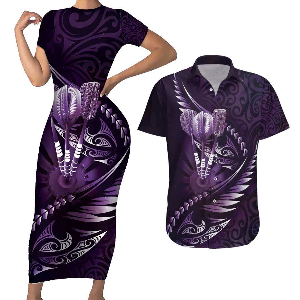 Personalised All Purple New Zealand Darts Couples Matching Short Sleeve Bodycon Dress and Hawaiian Shirt Aoteroa Fern Maori Galaxy Style