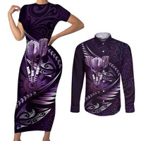 Personalised All Purple New Zealand Darts Couples Matching Short Sleeve Bodycon Dress and Long Sleeve Button Shirt Aoteroa Fern Maori Galaxy Style