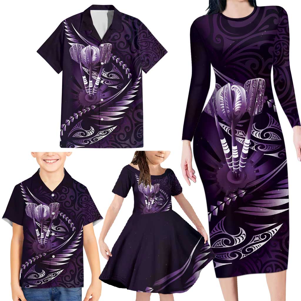 Personalised All Purple New Zealand Darts Family Matching Long Sleeve Bodycon Dress and Hawaiian Shirt Aoteroa Fern Maori Galaxy Style