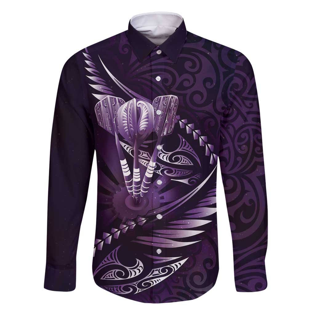 Personalised All Purple New Zealand Darts Family Matching Long Sleeve Bodycon Dress and Hawaiian Shirt Aoteroa Fern Maori Galaxy Style