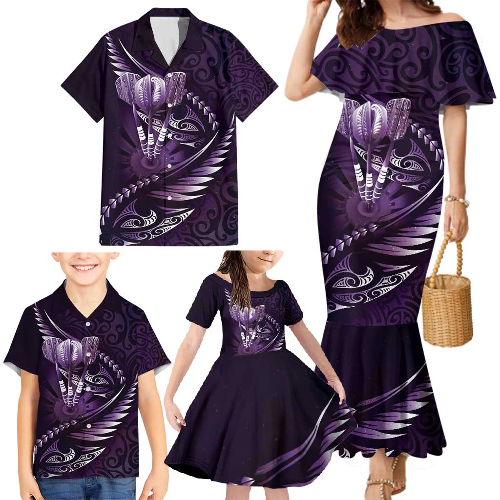 Personalised All Purple New Zealand Darts Family Matching Mermaid Dress and Hawaiian Shirt Aoteroa Fern Maori Galaxy Style