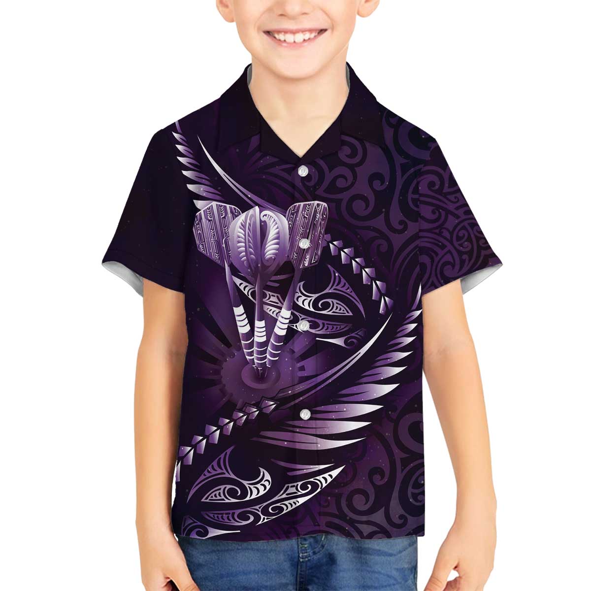 Personalised All Purple New Zealand Darts Family Matching Off The Shoulder Long Sleeve Dress and Hawaiian Shirt Aoteroa Fern Maori Galaxy Style