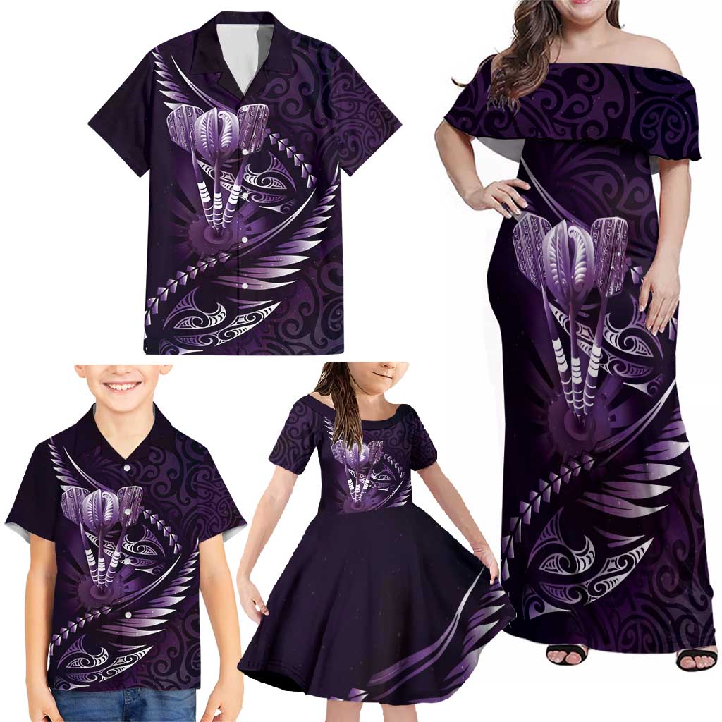 Personalised All Purple New Zealand Darts Family Matching Off Shoulder Maxi Dress and Hawaiian Shirt Aoteroa Fern Maori Galaxy Style