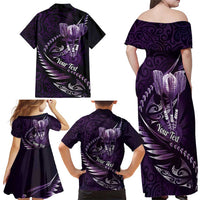 Personalised All Purple New Zealand Darts Family Matching Off Shoulder Maxi Dress and Hawaiian Shirt Aoteroa Fern Maori Galaxy Style