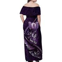 Personalised All Purple New Zealand Darts Family Matching Off Shoulder Maxi Dress and Hawaiian Shirt Aoteroa Fern Maori Galaxy Style