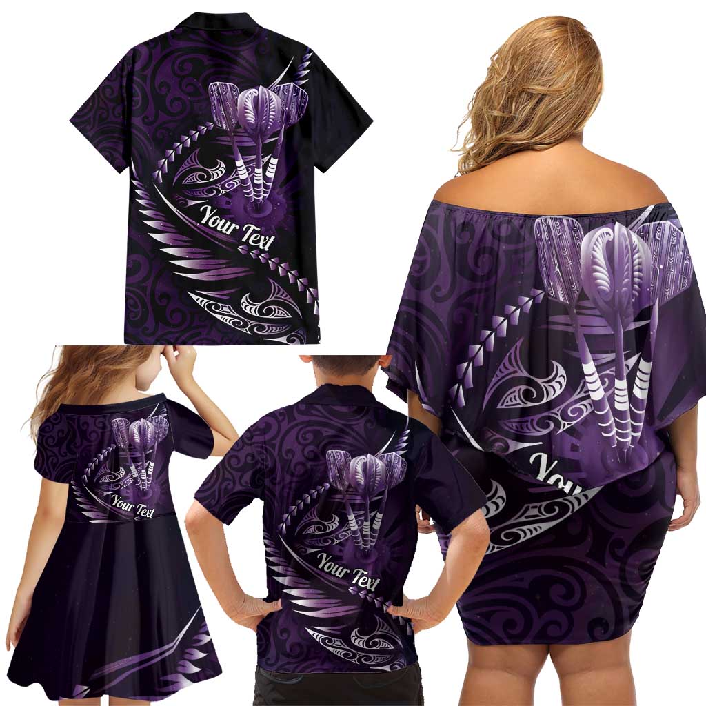 Personalised All Purple New Zealand Darts Family Matching Off Shoulder Short Dress and Hawaiian Shirt Aoteroa Fern Maori Galaxy Style