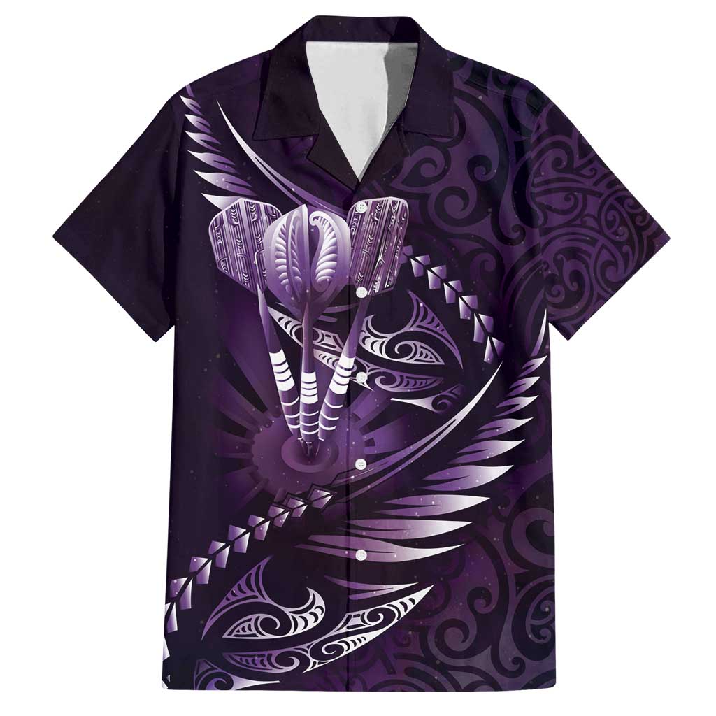 Personalised All Purple New Zealand Darts Family Matching Off Shoulder Short Dress and Hawaiian Shirt Aoteroa Fern Maori Galaxy Style