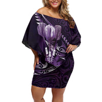 Personalised All Purple New Zealand Darts Family Matching Off Shoulder Short Dress and Hawaiian Shirt Aoteroa Fern Maori Galaxy Style