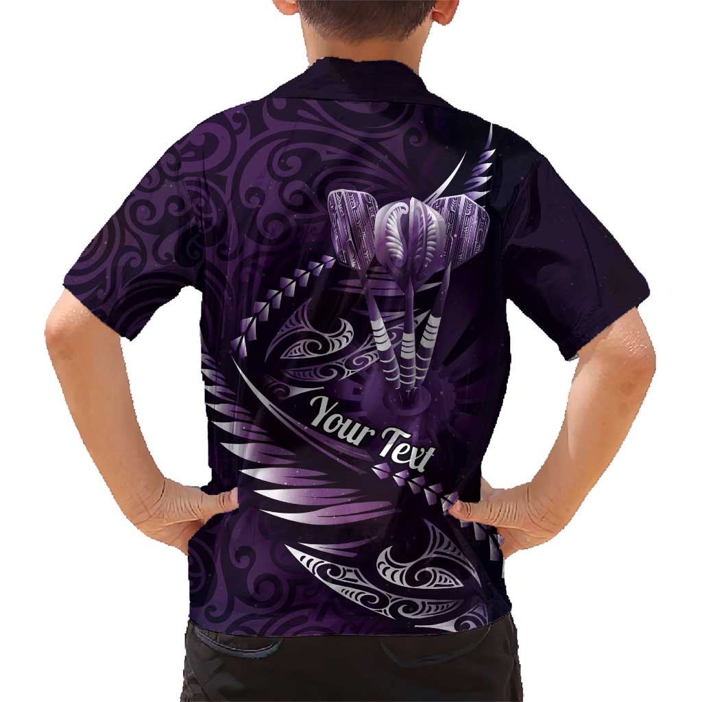 Personalised All Purple New Zealand Darts Family Matching Short Sleeve Bodycon Dress and Hawaiian Shirt Aoteroa Fern Maori Galaxy Style