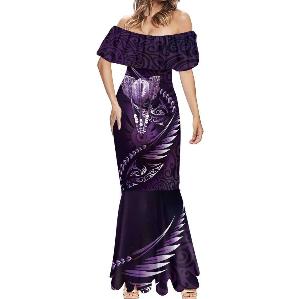Personalised All Purple New Zealand Darts Mermaid Dress Aoteroa Fern Maori Galaxy Style