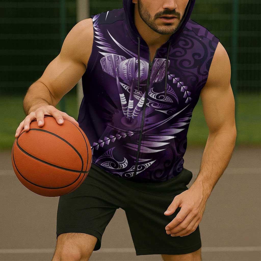 Personalised All Purple New Zealand Darts Sleeveless Zip Hoodie Aoteroa Fern Maori Galaxy Style LT14 - Polynesian Pride