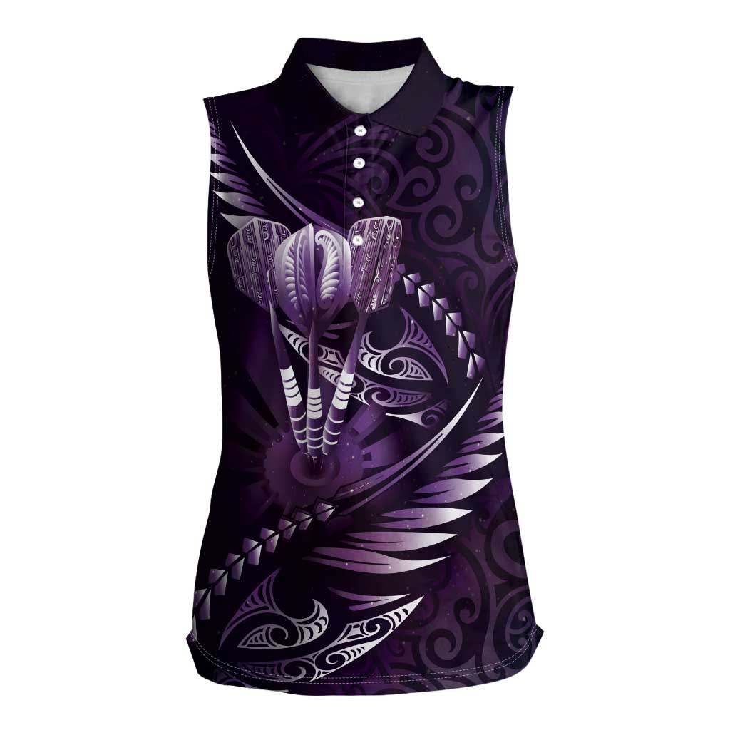 Personalised All Purple New Zealand Darts Women Sleeveless Polo Shirt Aoteroa Fern Maori Galaxy Style