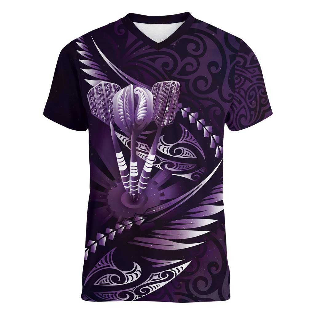Personalised All Purple New Zealand Darts Women V-Neck T-Shirt Aoteroa Fern Maori Galaxy Style