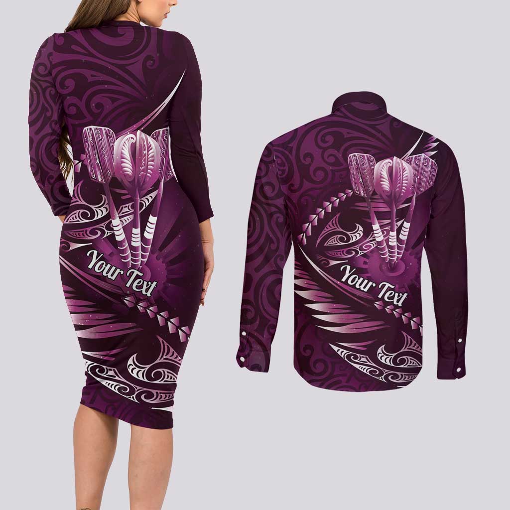 Personalised All Pink New Zealand Darts Couples Matching Long Sleeve Bodycon Dress and Long Sleeve Button Shirt Aoteroa Fern Maori Galaxy Style