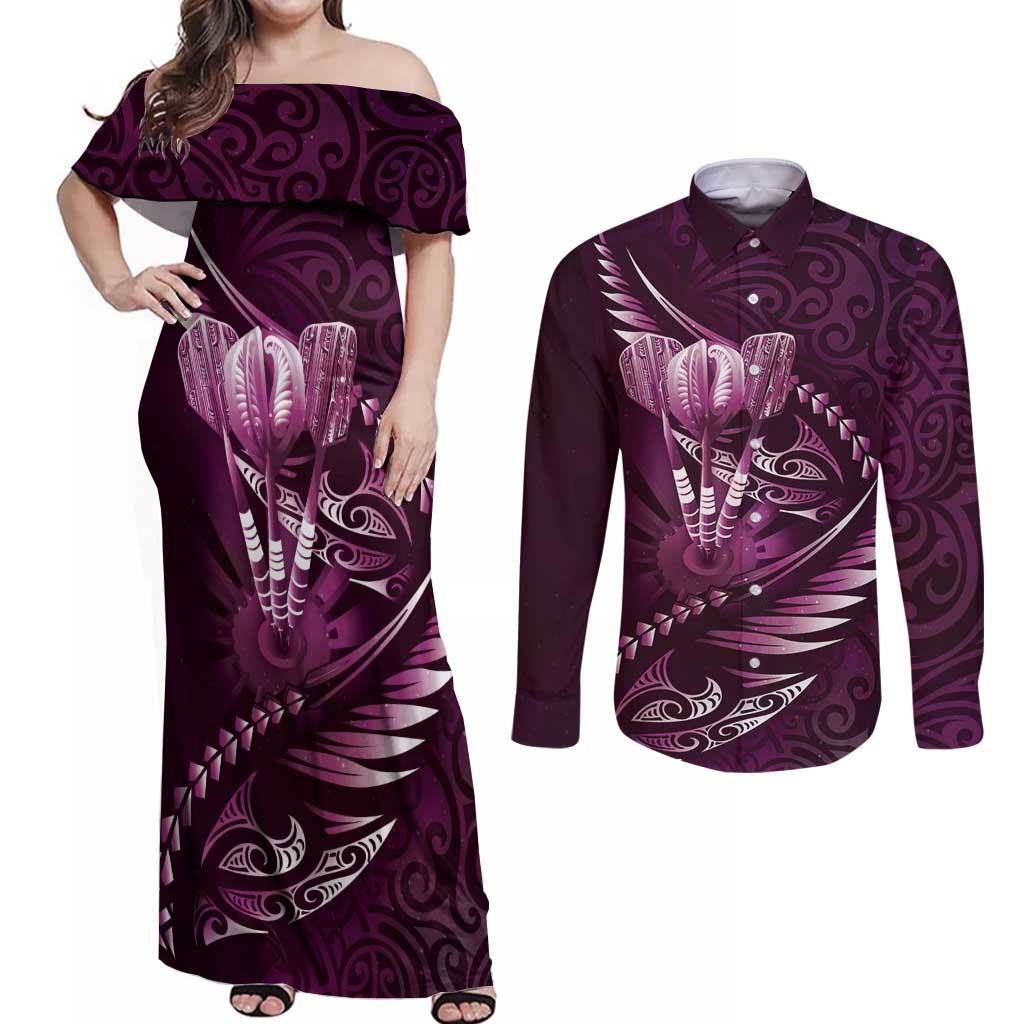 Personalised All Pink New Zealand Darts Couples Matching Off Shoulder Maxi Dress and Long Sleeve Button Shirt Aoteroa Fern Maori Galaxy Style