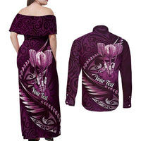Personalised All Pink New Zealand Darts Couples Matching Off Shoulder Maxi Dress and Long Sleeve Button Shirt Aoteroa Fern Maori Galaxy Style
