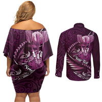 Personalised All Pink New Zealand Darts Couples Matching Off Shoulder Short Dress and Long Sleeve Button Shirt Aoteroa Fern Maori Galaxy Style