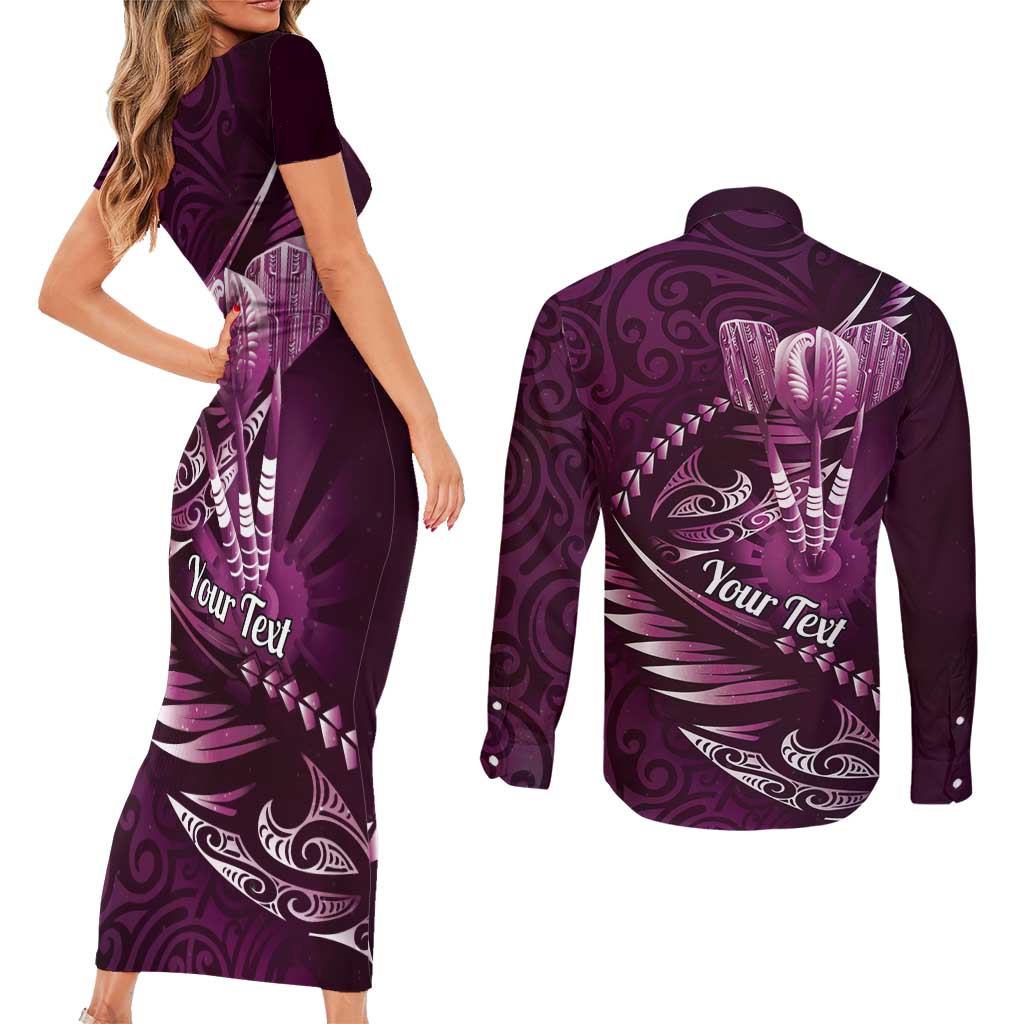 Personalised All Pink New Zealand Darts Couples Matching Short Sleeve Bodycon Dress and Long Sleeve Button Shirt Aoteroa Fern Maori Galaxy Style