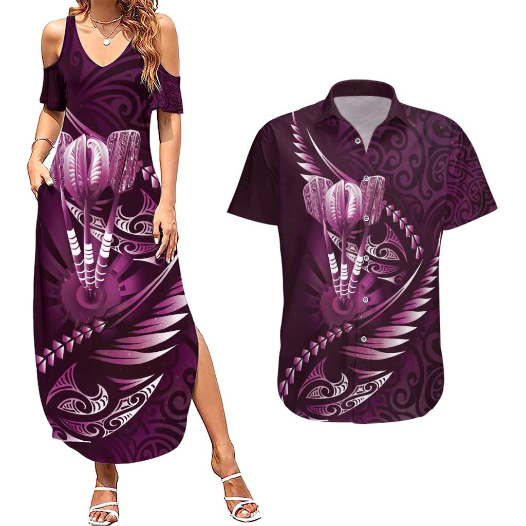 Personalised All Pink New Zealand Darts Couples Matching Summer Maxi Dress and Hawaiian Shirt Aoteroa Fern Maori Galaxy Style