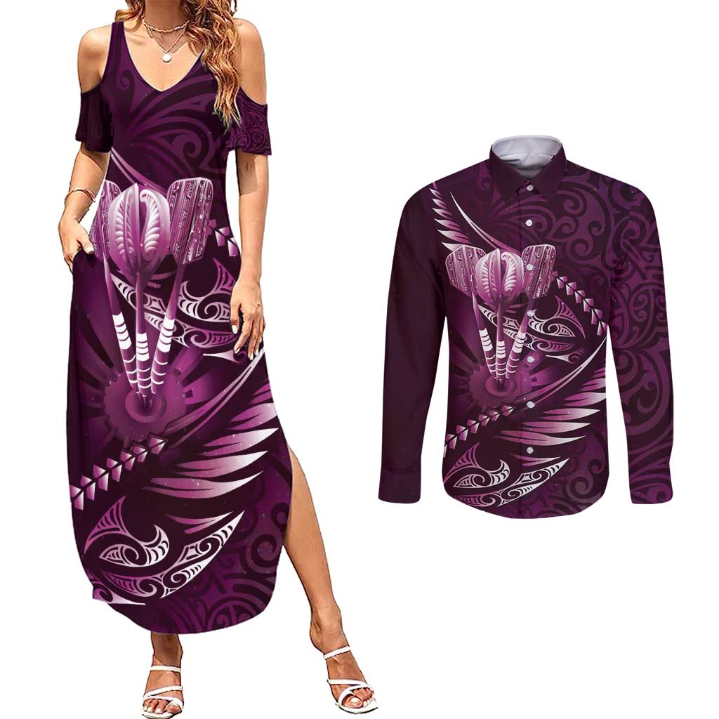 Personalised All Pink New Zealand Darts Couples Matching Summer Maxi Dress and Long Sleeve Button Shirt Aoteroa Fern Maori Galaxy Style