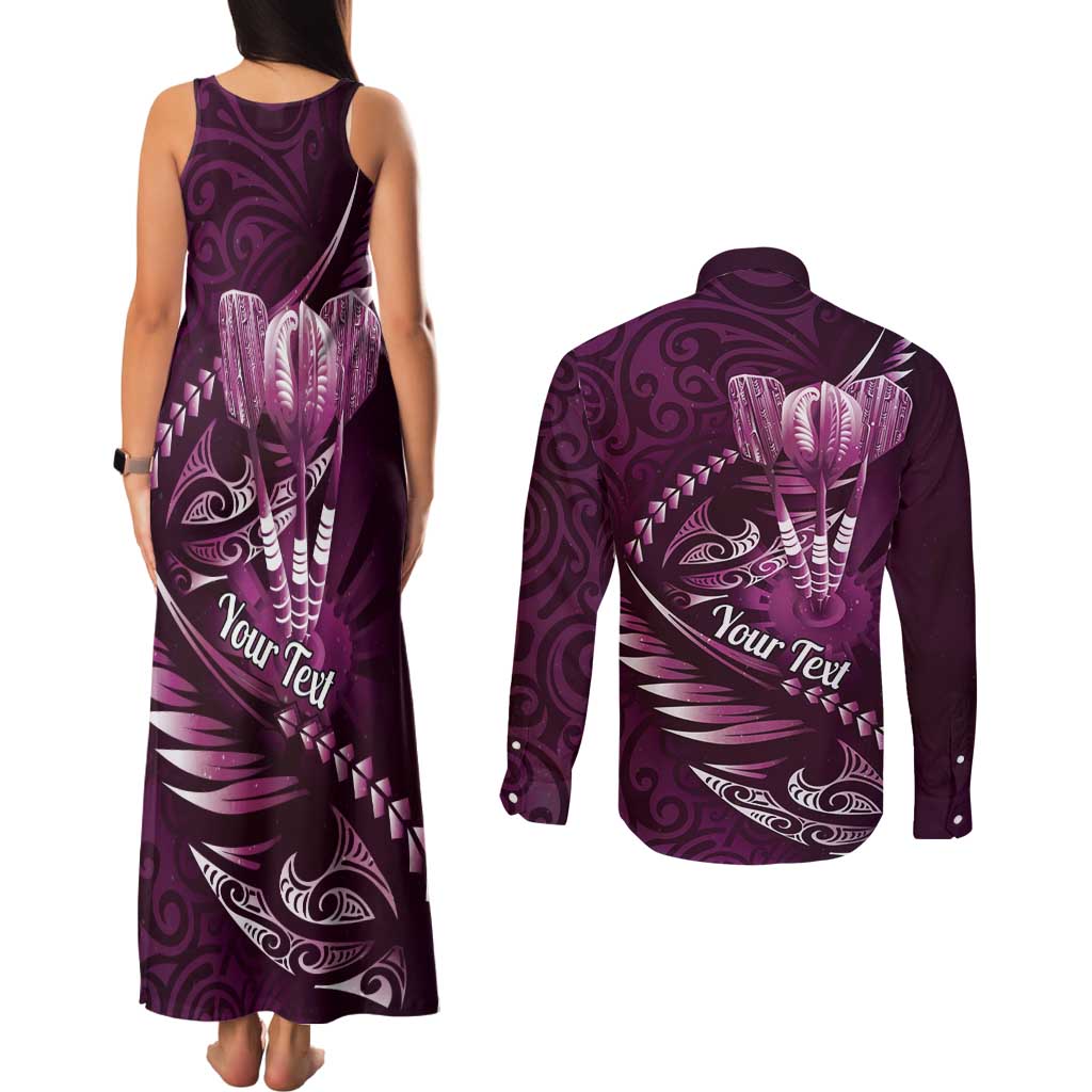Personalised All Pink New Zealand Darts Couples Matching Tank Maxi Dress and Long Sleeve Button Shirt Aoteroa Fern Maori Galaxy Style