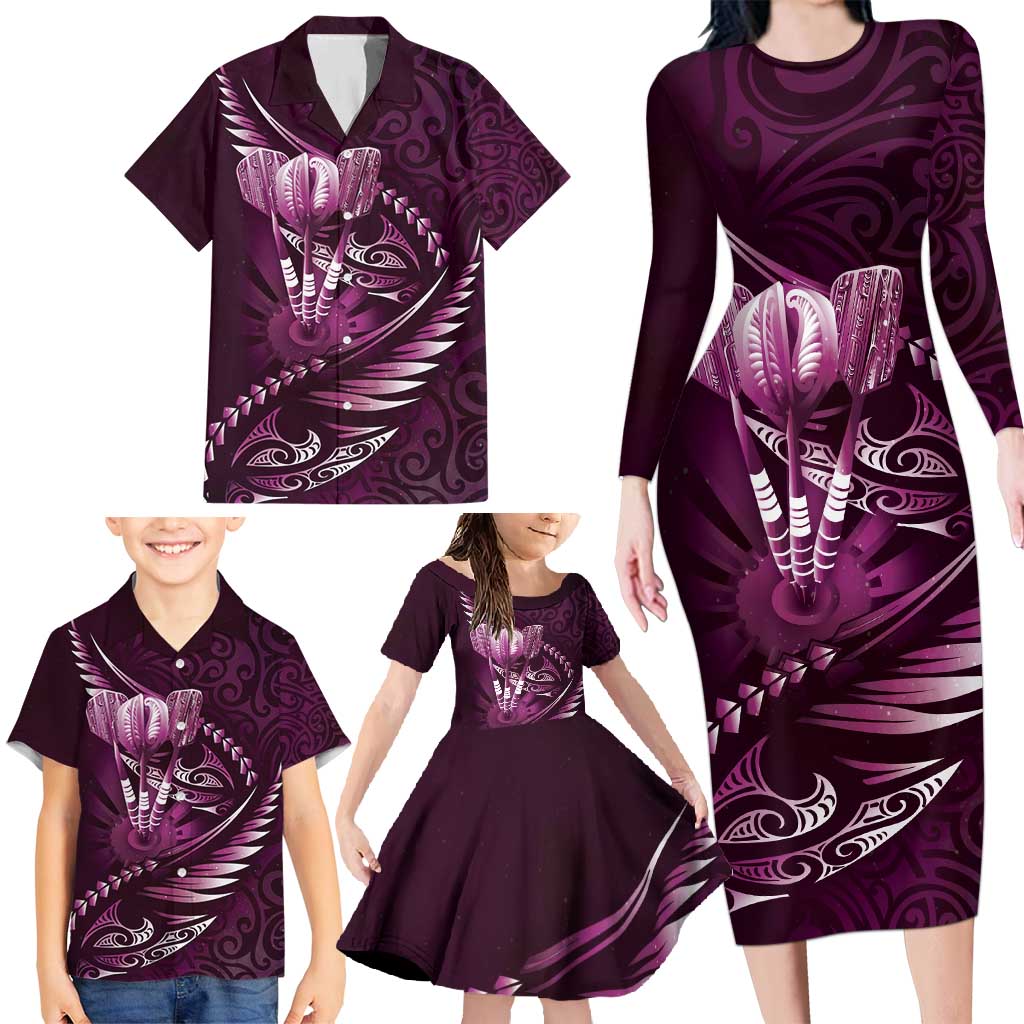 Personalised All Pink New Zealand Darts Family Matching Long Sleeve Bodycon Dress and Hawaiian Shirt Aoteroa Fern Maori Galaxy Style