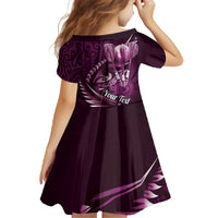 Personalised All Pink New Zealand Darts Family Matching Off The Shoulder Long Sleeve Dress and Hawaiian Shirt Aoteroa Fern Maori Galaxy Style