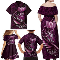 Personalised All Pink New Zealand Darts Family Matching Off Shoulder Maxi Dress and Hawaiian Shirt Aoteroa Fern Maori Galaxy Style