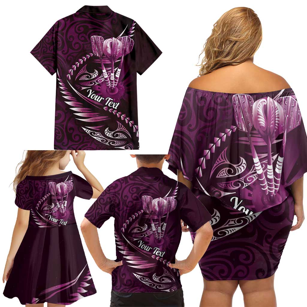 Personalised All Pink New Zealand Darts Family Matching Off Shoulder Short Dress and Hawaiian Shirt Aoteroa Fern Maori Galaxy Style