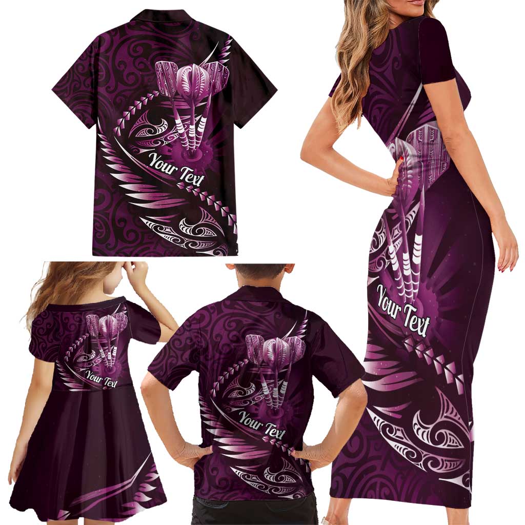 Personalised All Pink New Zealand Darts Family Matching Short Sleeve Bodycon Dress and Hawaiian Shirt Aoteroa Fern Maori Galaxy Style
