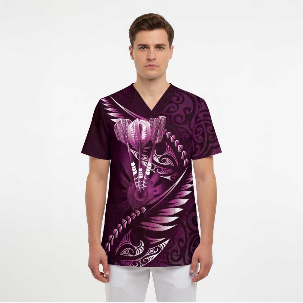 Personalised All Pink New Zealand Darts Scrub Top Aoteroa Fern Maori Galaxy Style - Polynesian Pride