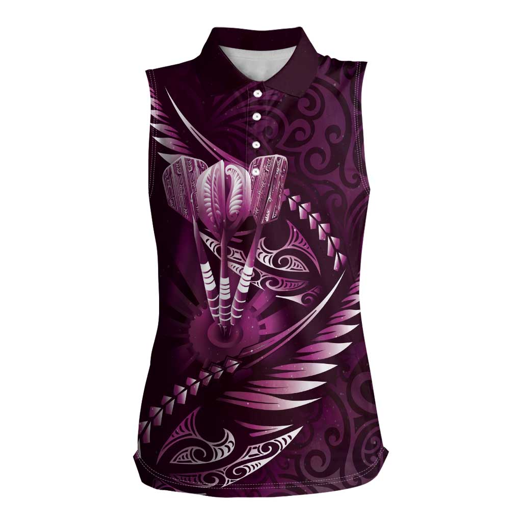 Personalised All Pink New Zealand Darts Women Sleeveless Polo Shirt Aoteroa Fern Maori Galaxy Style