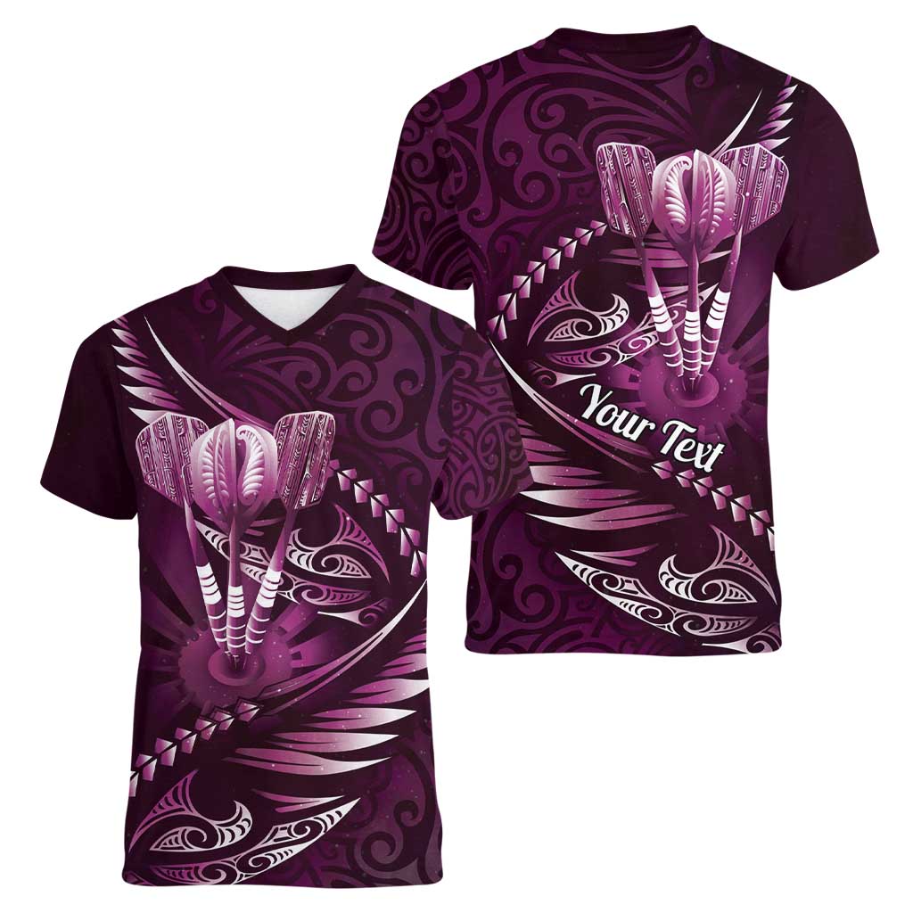 Personalised All Pink New Zealand Darts Women V-Neck T-Shirt Aoteroa Fern Maori Galaxy Style