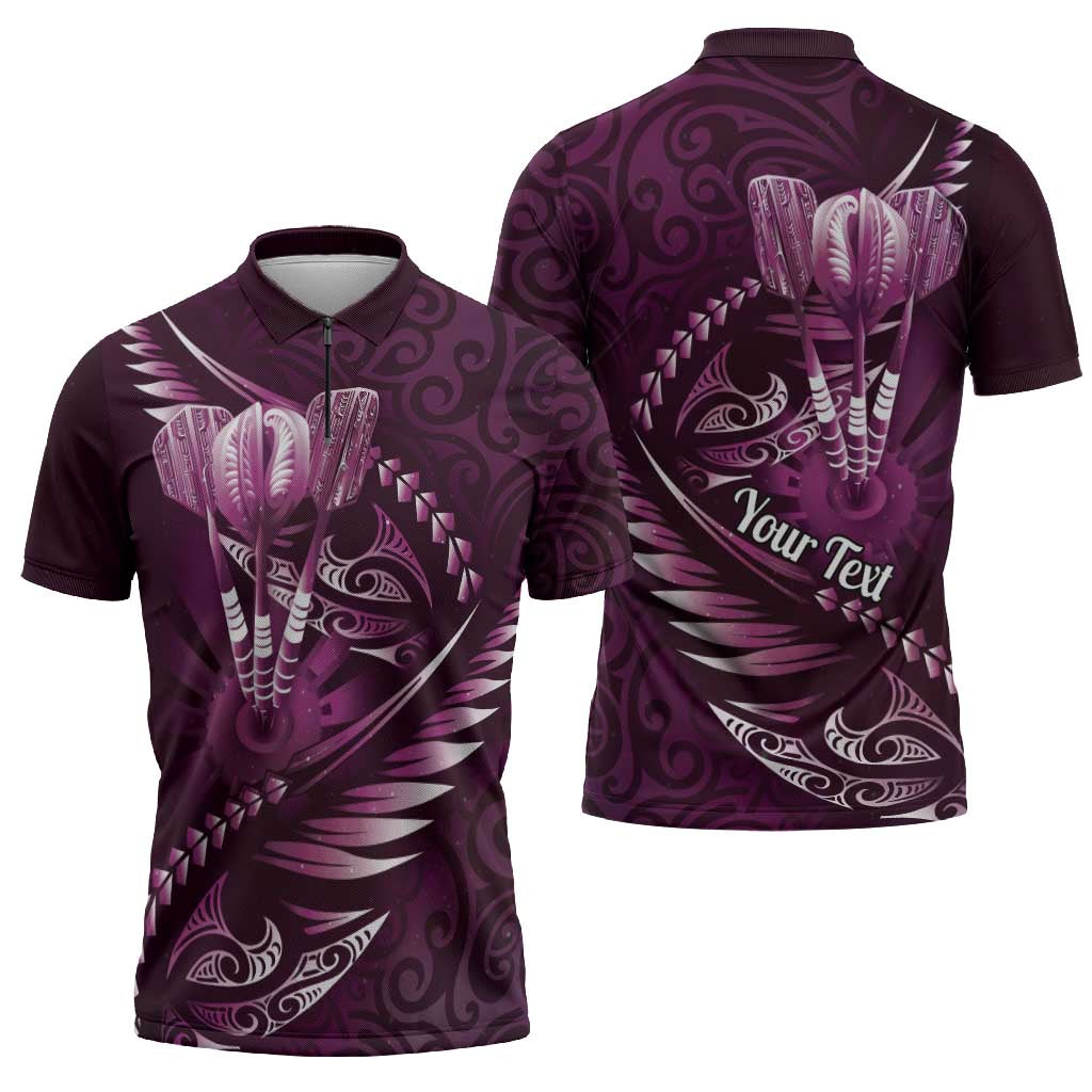 Personalised All Pink New Zealand Darts Zipper Polo Shirt Aoteroa Fern Maori Galaxy Style - Polynesian Pride
