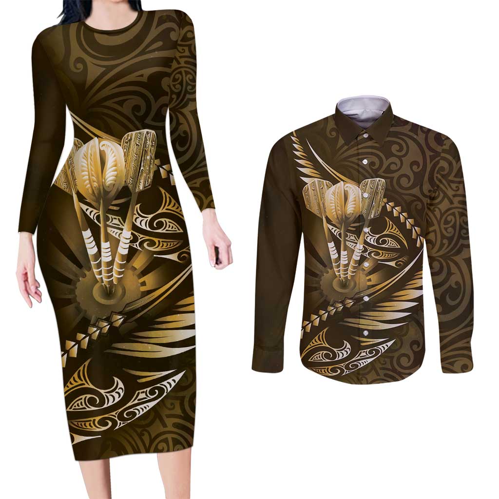 Personalised All Gold New Zealand Darts Couples Matching Long Sleeve Bodycon Dress and Long Sleeve Button Shirt Aoteroa Fern Maori Galaxy Style