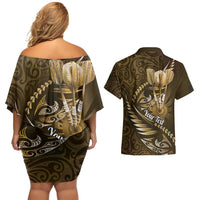 Personalised All Gold New Zealand Darts Couples Matching Off Shoulder Short Dress and Hawaiian Shirt Aoteroa Fern Maori Galaxy Style