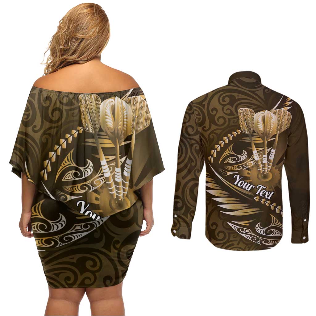 Personalised All Gold New Zealand Darts Couples Matching Off Shoulder Short Dress and Long Sleeve Button Shirt Aoteroa Fern Maori Galaxy Style