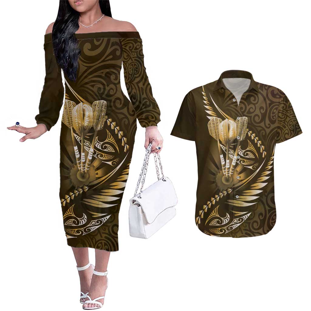 Personalised All Gold New Zealand Darts Couples Matching Off The Shoulder Long Sleeve Dress and Hawaiian Shirt Aoteroa Fern Maori Galaxy Style