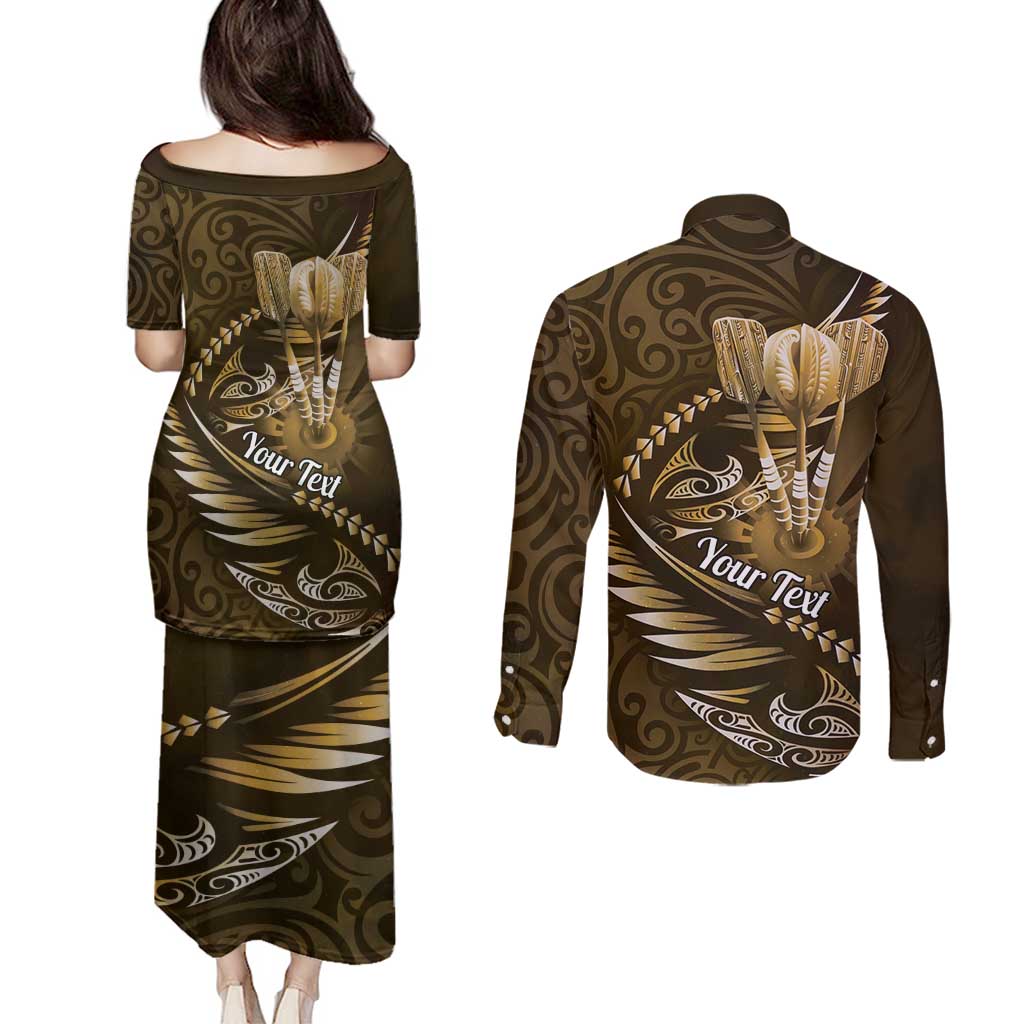 Personalised All Gold New Zealand Darts Couples Matching Puletasi and Long Sleeve Button Shirt Aoteroa Fern Maori Galaxy Style