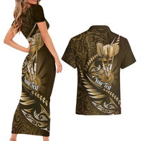 Personalised All Gold New Zealand Darts Couples Matching Short Sleeve Bodycon Dress and Hawaiian Shirt Aoteroa Fern Maori Galaxy Style