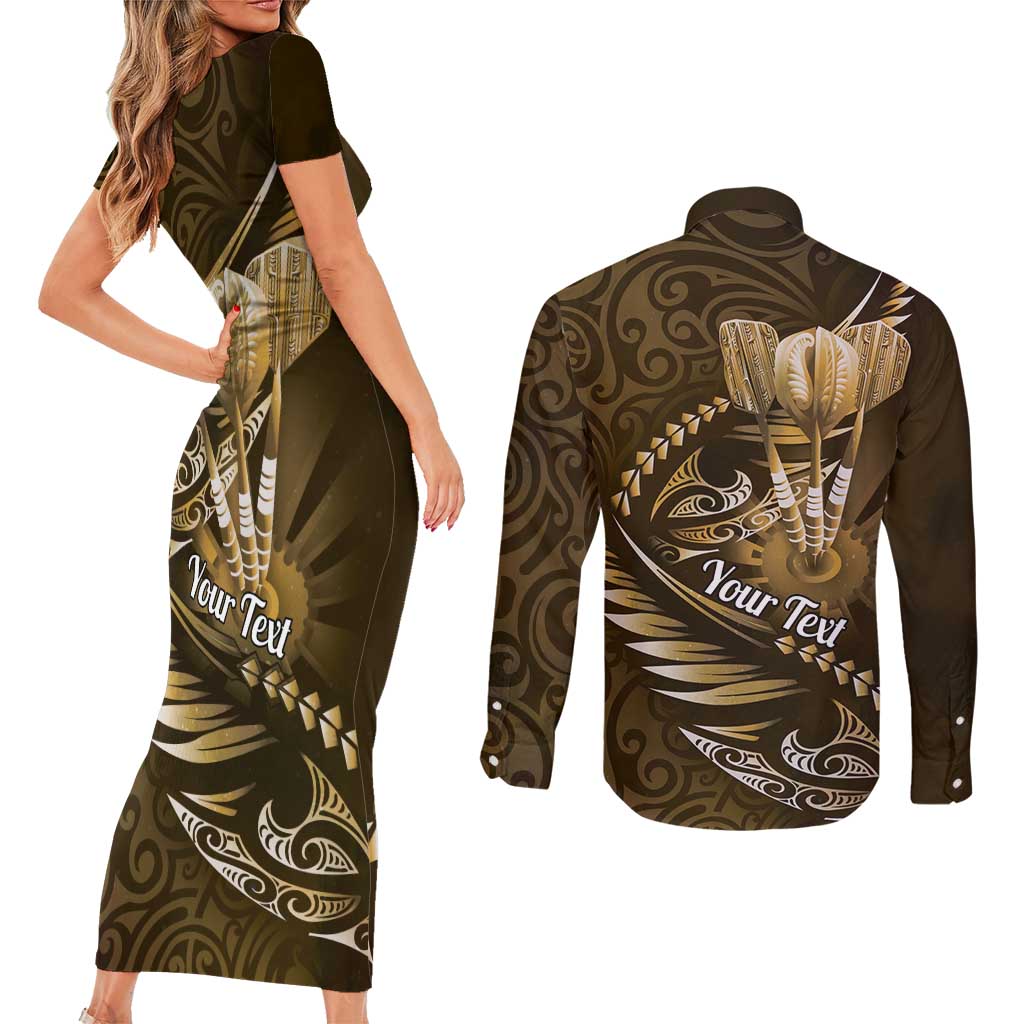 Personalised All Gold New Zealand Darts Couples Matching Short Sleeve Bodycon Dress and Long Sleeve Button Shirt Aoteroa Fern Maori Galaxy Style